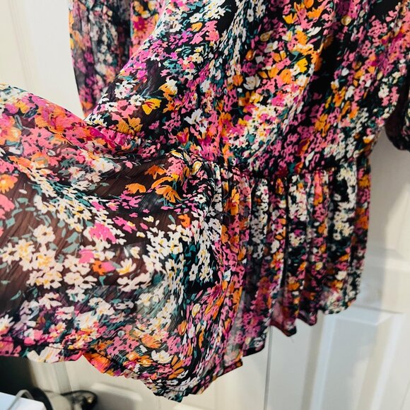 Vince Camuto-NWT-X Small-Vibrant Floral Puffed Long Sleeve-V Neck Mini Bl/Pk Mix - Picture 12 of 16